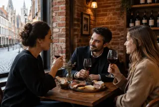 Trois personnes dégustent du vin et partagent une assiette dans un bar à vin chaleureux du Vieux-Lille.